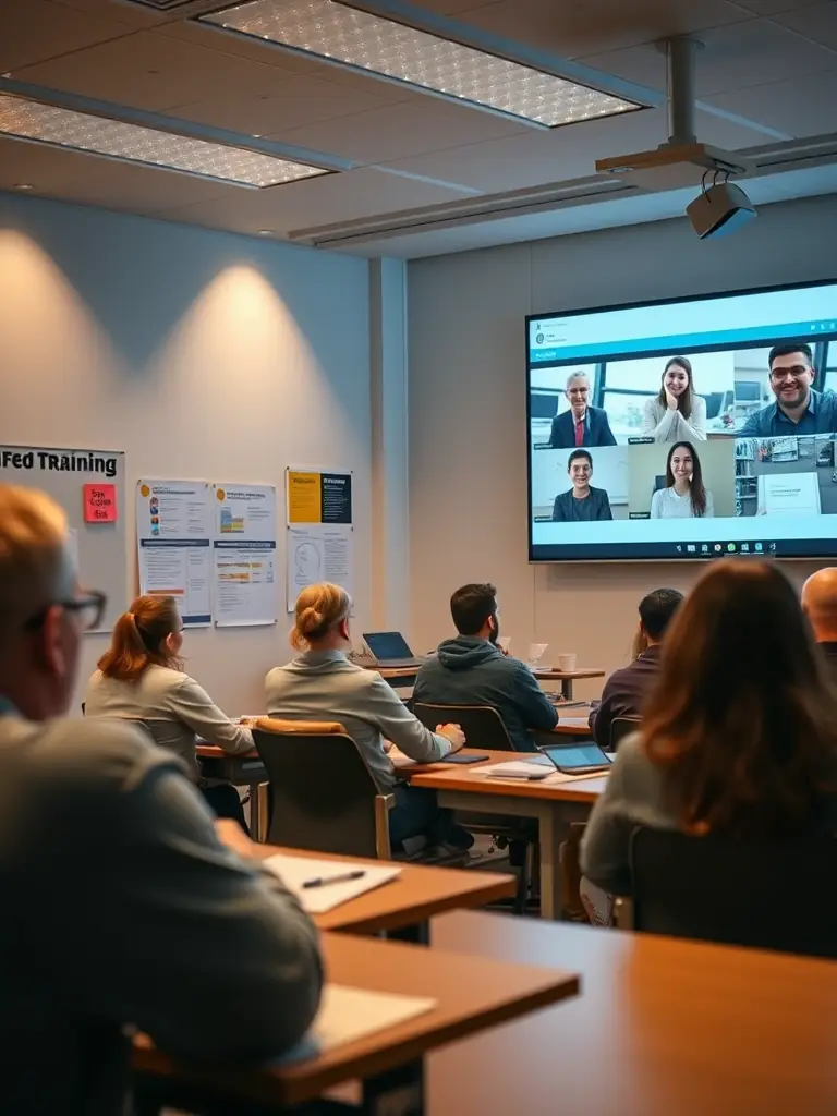 A dynamic hybrid training session with participants both in a physical classroom and joining remotely via video call, discussing food safety concepts and best practices, demonstrating the blended learning approach.