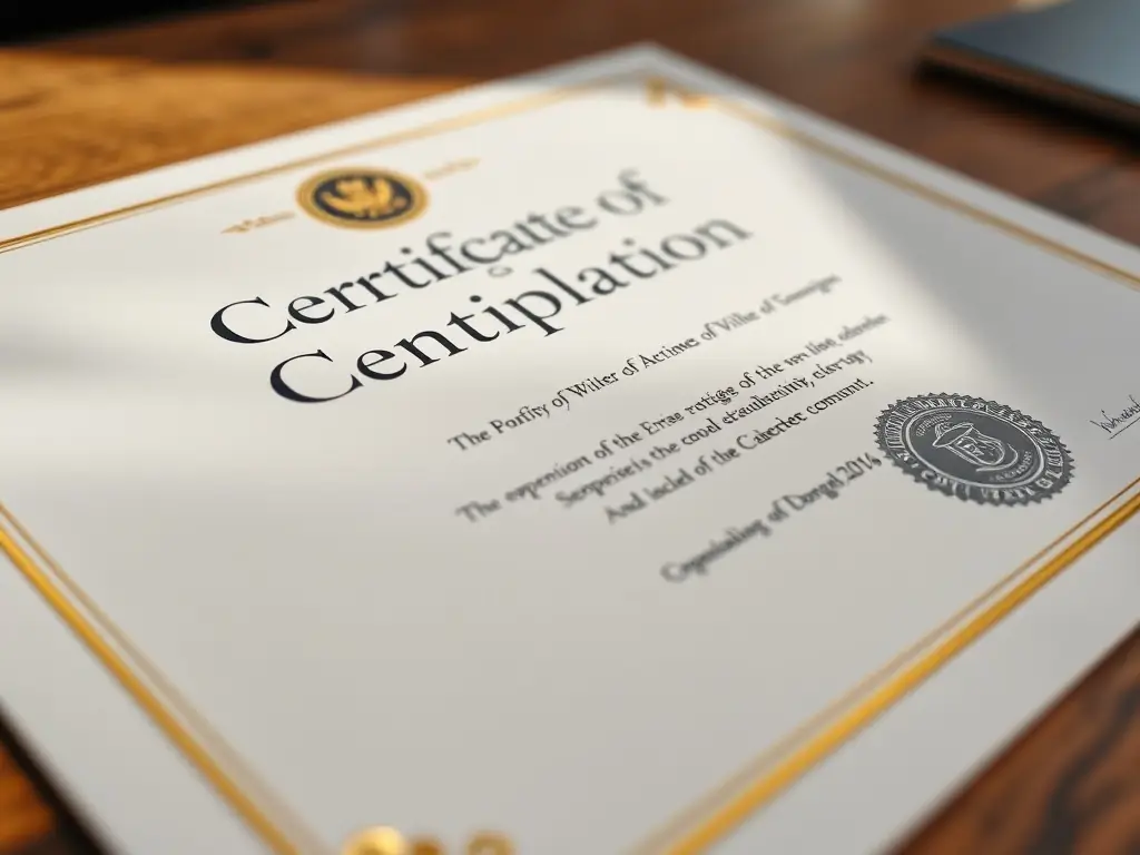 A close-up shot of a certificate of completion for a food safety course, highlighting the FOODPRO ACADEMY logo and the accreditation details, set against a background of course materials.