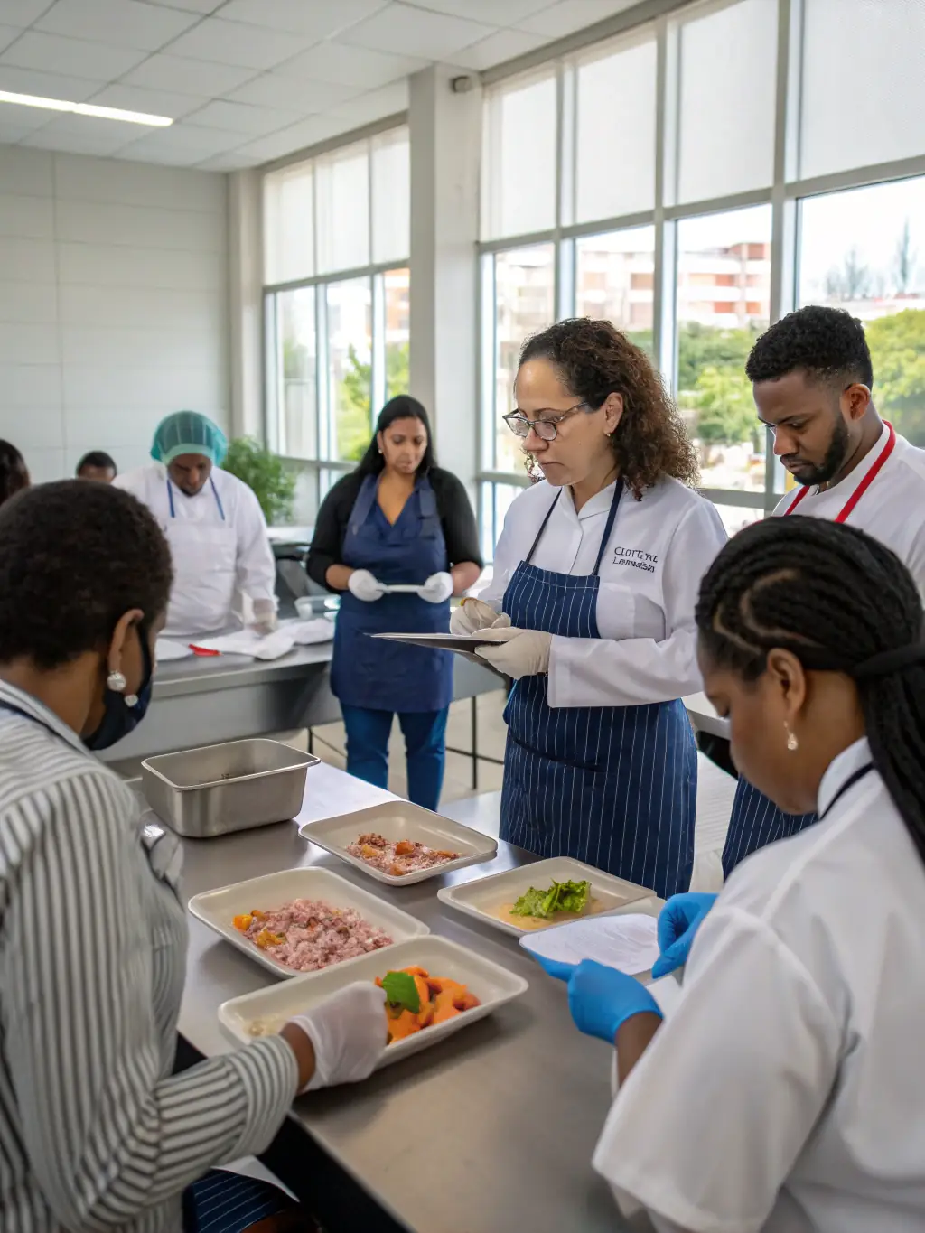 A group of food industry professionals participating in a hands-on food safety training workshop, working together on a practical exercise, emphasizing the collaborative and applied learning aspects.