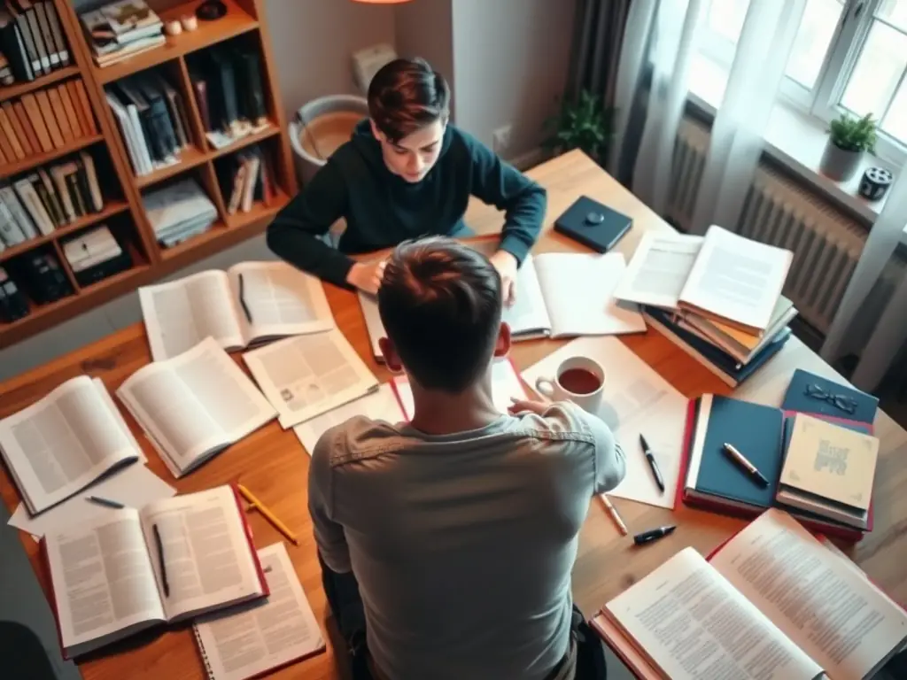 A person studying at home, surrounded by a laptop, notebooks, and food safety materials, with a cozy atmosphere and a cup of coffee on the table, symbolizing the self-paced learning experience.