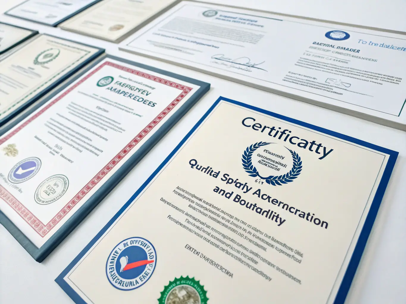 A professional receiving a food safety certification, with a focus on the certificate and their sense of accomplishment. The background includes a formal setting with company logos and branding.