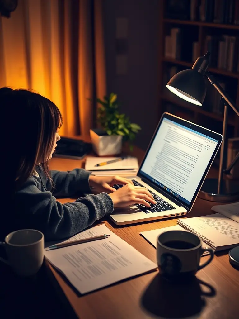 A person comfortably studying at home with a laptop, notebooks, and a cup of coffee, focusing on a self-paced online food safety course, illustrating the flexibility and convenience of this learning format.