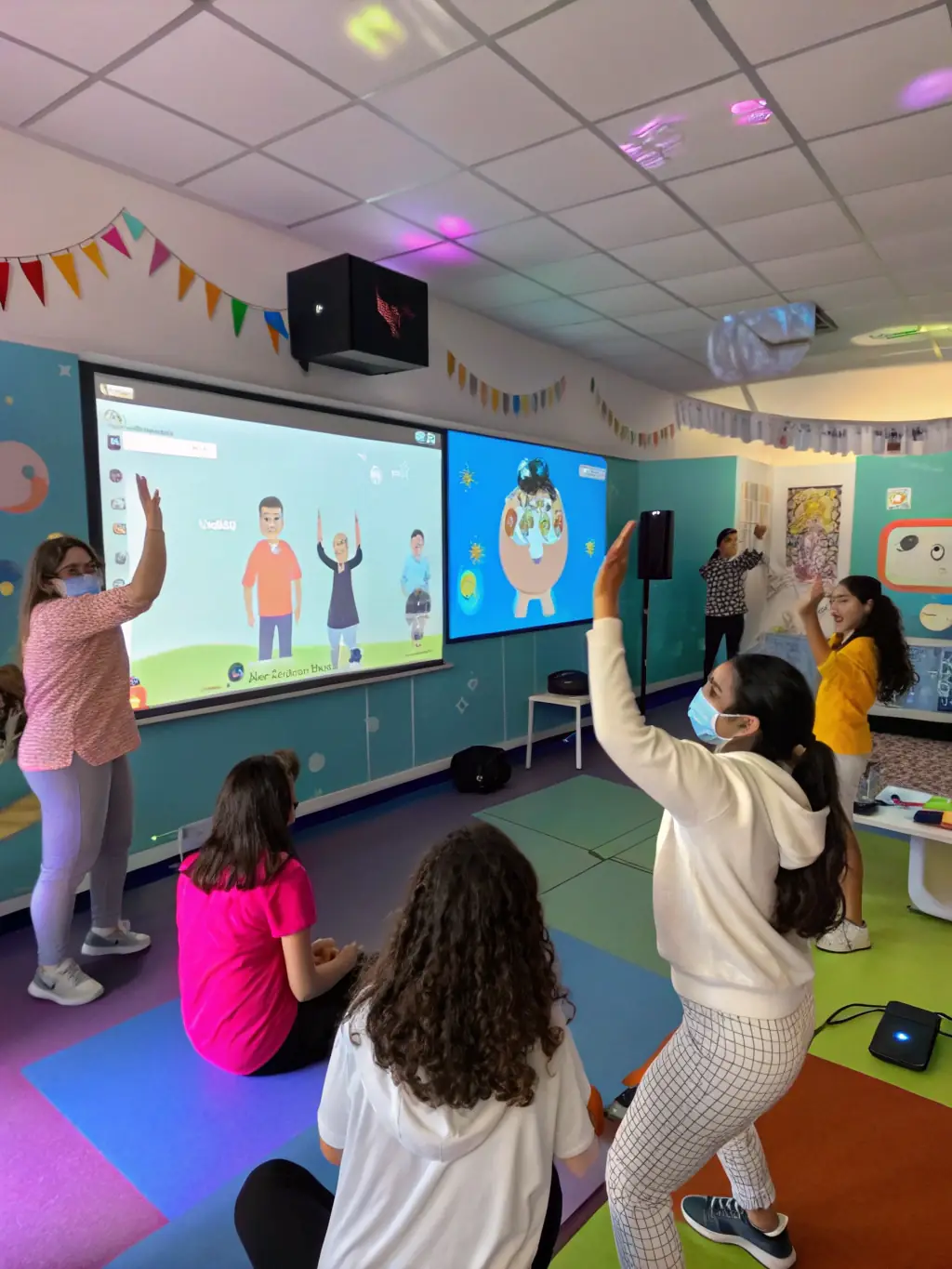 A brightly lit virtual classroom with an instructor leading a live online training session on food safety, with participants actively engaged and asking questions, showcasing the interactive nature of online live training.