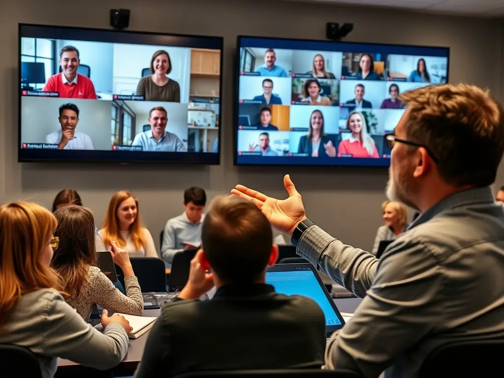 A photograph of a highly qualified instructor leading a live online training session, with participants actively engaged in discussions and practical exercises, showcasing the interactive learning environment.